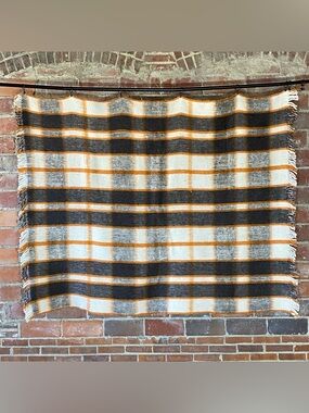 Vintage Plaid Wool Blanket 62” x 74” Orange Black Fringe Thick